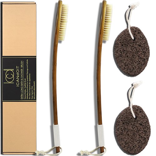 ICANdOIT-19.68Inch Natural Boar Bristles Anti-Slip Extra Long Handle Bath Brush,Bent Handle Shower Scrubber for Exfoliating,Shower Back Brush,Exfoliation Set with Pumice Stone(2 Pack)