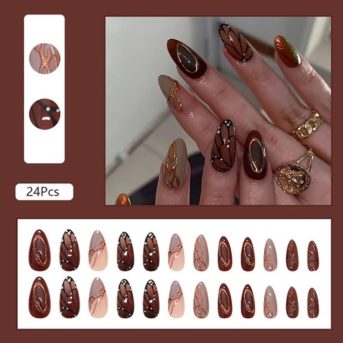 24Pcs Brown Almond Press on Nails Medium Fake Nails with Glue Reusable False Nails with Butterfly Wings Golden Line Design Artificial Acrylic Nails Press ons Full Cover Holiday Stick on Nail for Women
