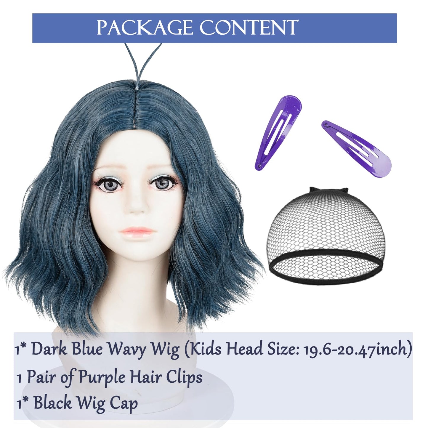 Kids Deep Blue Wavy Wig, Center Parting & 2 Purple Hair Clips - Perfect for Halloween Themed Parties Envy Cosplay