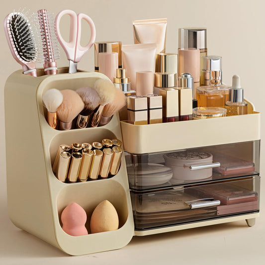 HBlife Makeup Organizer with Brush Holder for Vanity, Large Plastic Bathroom Countertop Organizer Skin Care Storage, Easy to Store Lipsticks, Nail Polishes, Perfumes, Eyeshadow Palettes, Beige