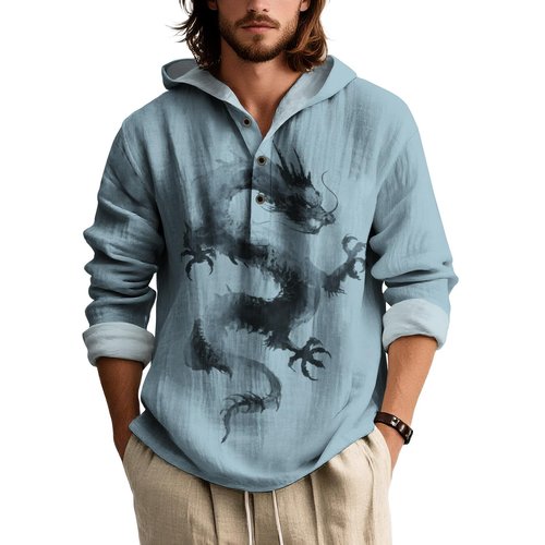 LOAIHA Men's Ink Wash Sweatshirt Long Sleeves Button Down Pullover Vintage Printed Oversized Casual Hooded Sweatshirts