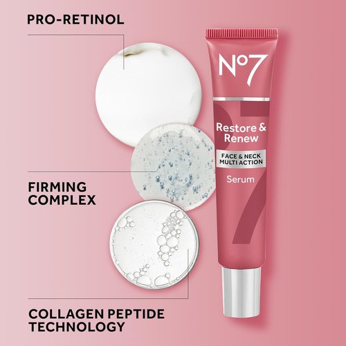 No7 Restore & Renew Multi Action Serum - Anti-Aging Face & Neck Treatment with Collagen Peptides | 1.69 Oz