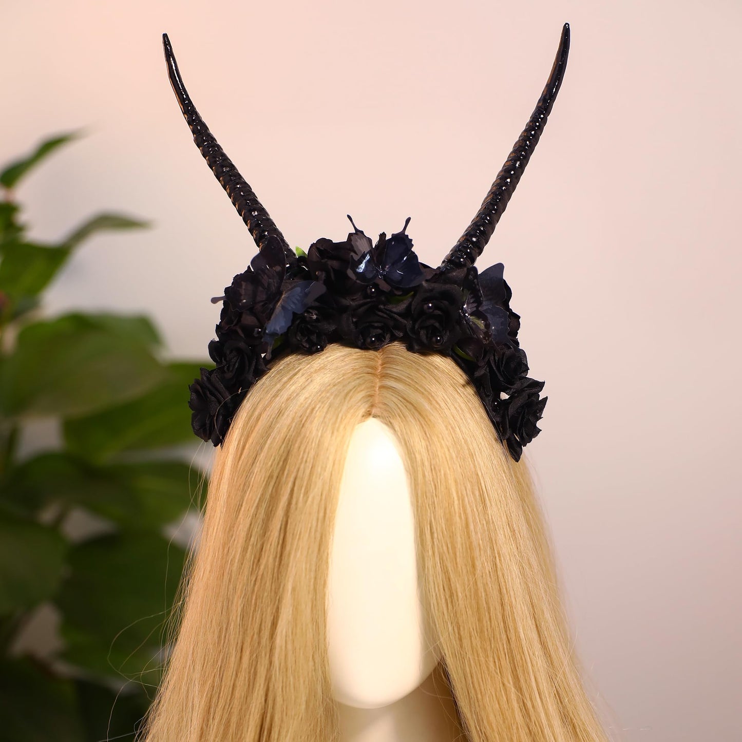 MOSTORY Handmade Black Halloween Horns Headband - Gothic Devil Goat Horn Hairband with Butterfly and Skull for Renaissance Day of the Dead Cosplay Witch Photo Prop