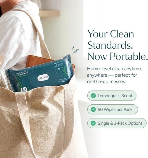 Puracy All-Purpose Cleaning Wipes - Non-Toxic Grease & Grime Cleaner | Lemongrass Scent (50 Count)