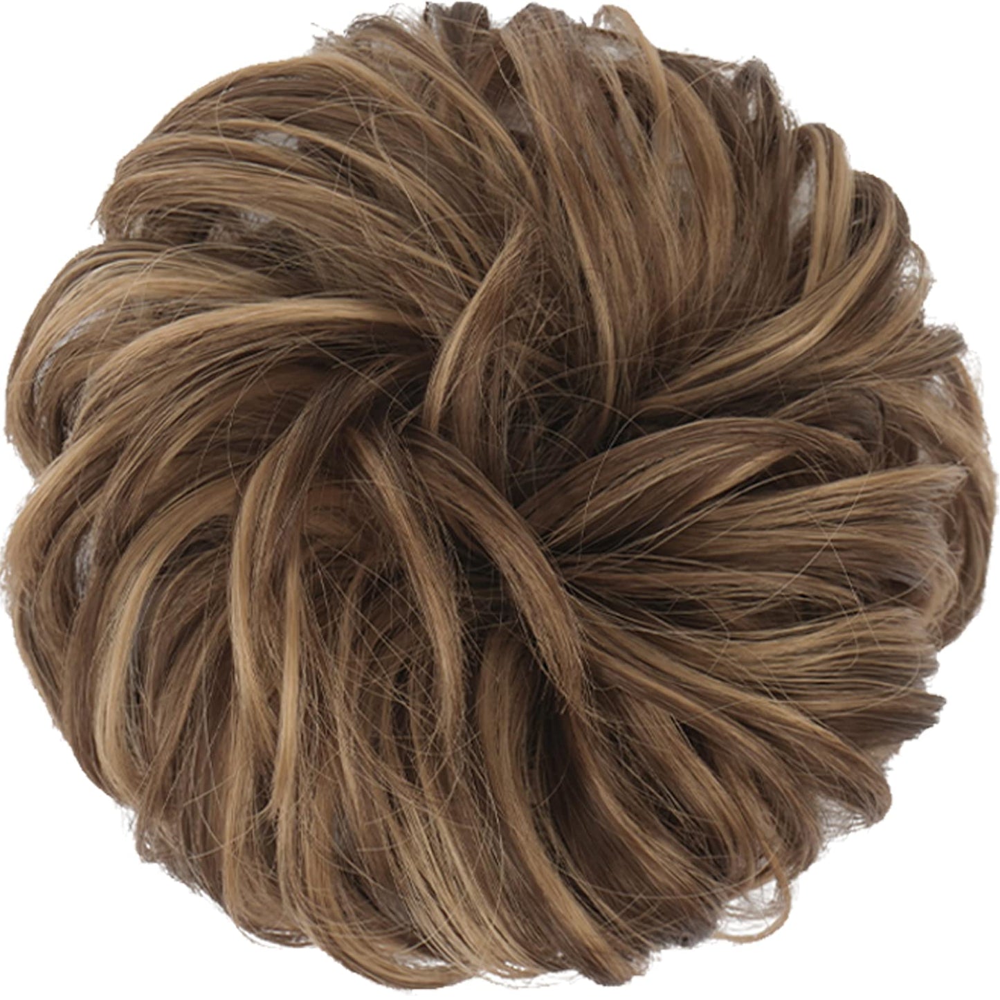 FESHFEN Messy Bun Hair Piece Curly Wavy Large Hair Bun Scrunchies Extensions Light Ash Brown Mixed Golden Brown Synthetic Tousled Updo Hairpieces for Women Girls