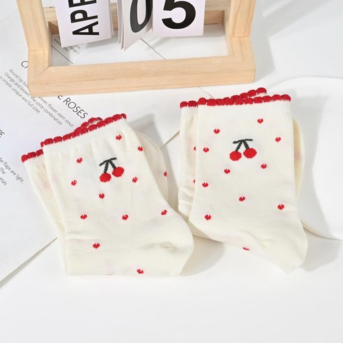 Knagsfa 2 Pairs Women's Cute Crew Socks, Casual Athletic Cotton Cherry Calf Novelty Socks for Women