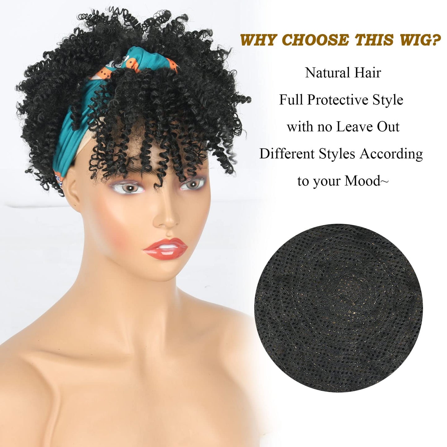 LEOSA Black Afro Curly Headband Wig with Bangs Short Afro Headband Wigs for Black Women Scarf Wigs Black Wig with Headband Attached Headwrap Wigs Natural Wig Headbands for Kinky Curly Hair Wigs