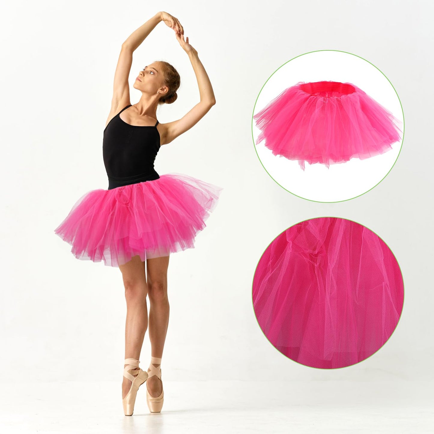 2pcs Tutu Skirts, 5 Layered Tulle Tutu Skirt Elastic Mini Tutu Skirt Layered Ballet Mesh Skirt Tutu Costume Tutu Dress for Women Dace Show Halloween Dress Up Party (Rose Red)