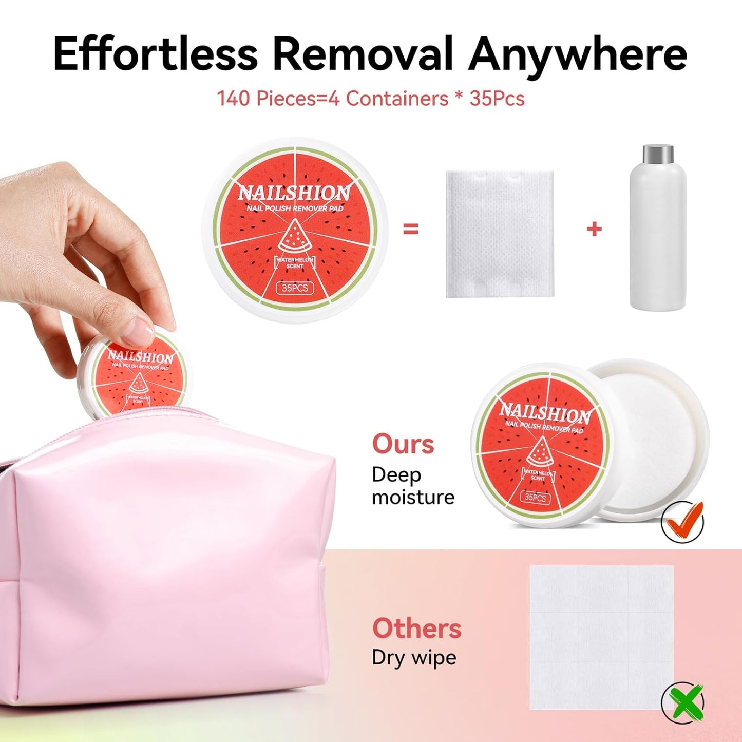 VE Nail Polish Remover Pads - 140 Non-Acetone Wipes | Quick 3-5s Removal | Moisturizing Watermelon Scent