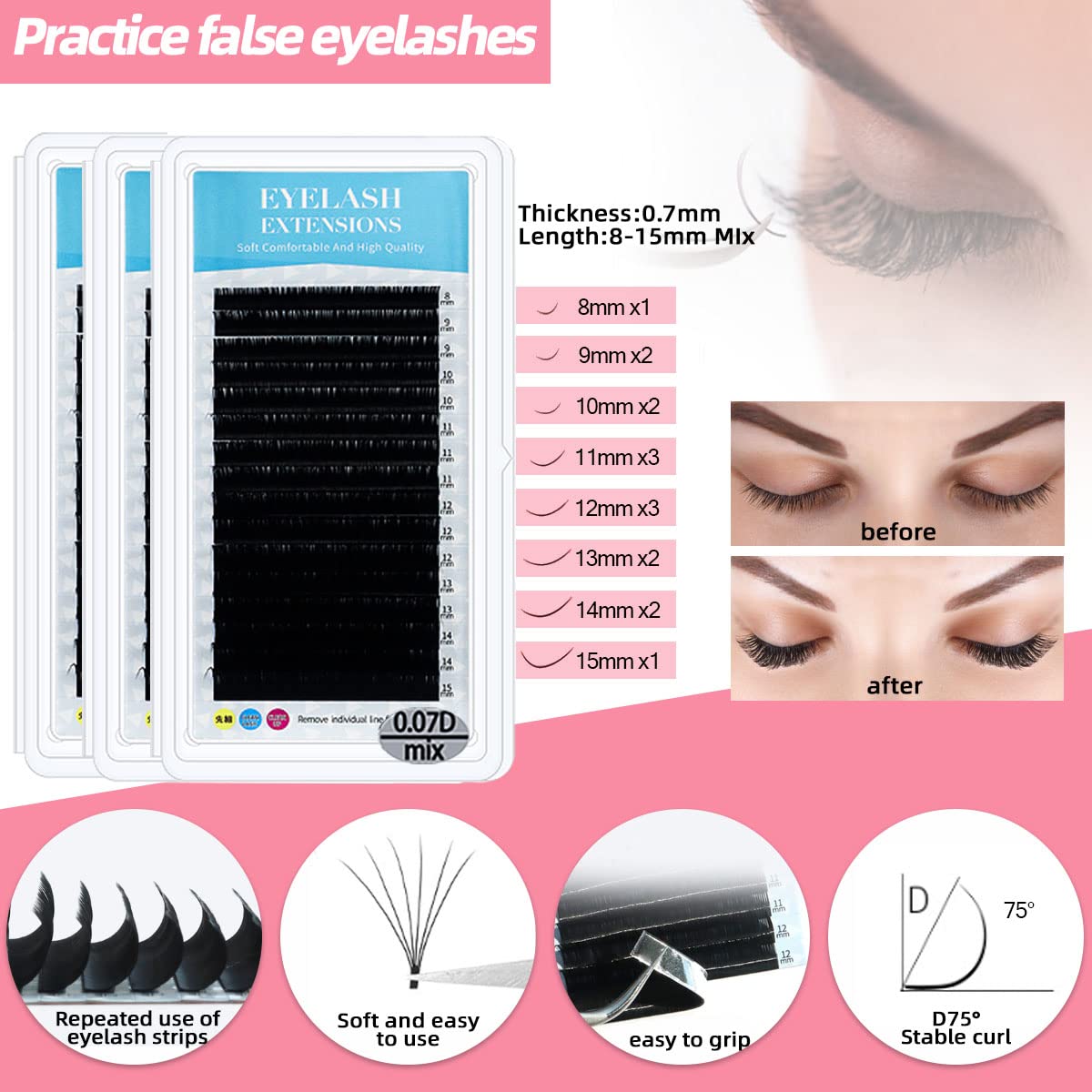 Lash Extension Kit Professional Eyelash Extensions Practice Set with Mannequin Head Removable Eyelids USB Lash Fan Individual False Eyelash Shampoo Brush Glue Practical Tools for Beginners