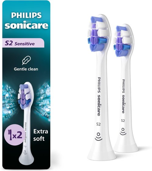 Philips Sonicare S2 Sensitive Replacement Toothbrush Heads - Genuine 2 Pack, White, HX6052/77