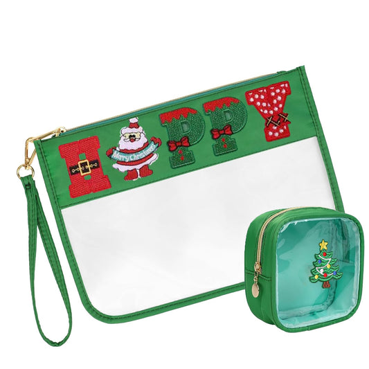 BuyCard 2 Pcs Christmas Gifts Cosmetic Makeup Bag with Chenille Letter Patch, Clear Pouch PVC Organizer Purse, Waterproof Travel Bag, Happy Santa Toiletry Storage Bag for Her Girls Friends Women