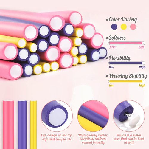 30Pcs 9.45" Flexible Curling Rods No Heat Hair Rollers Curlers with 3 Sizes Foam Curlers Hair Rods for Short and Long Hair