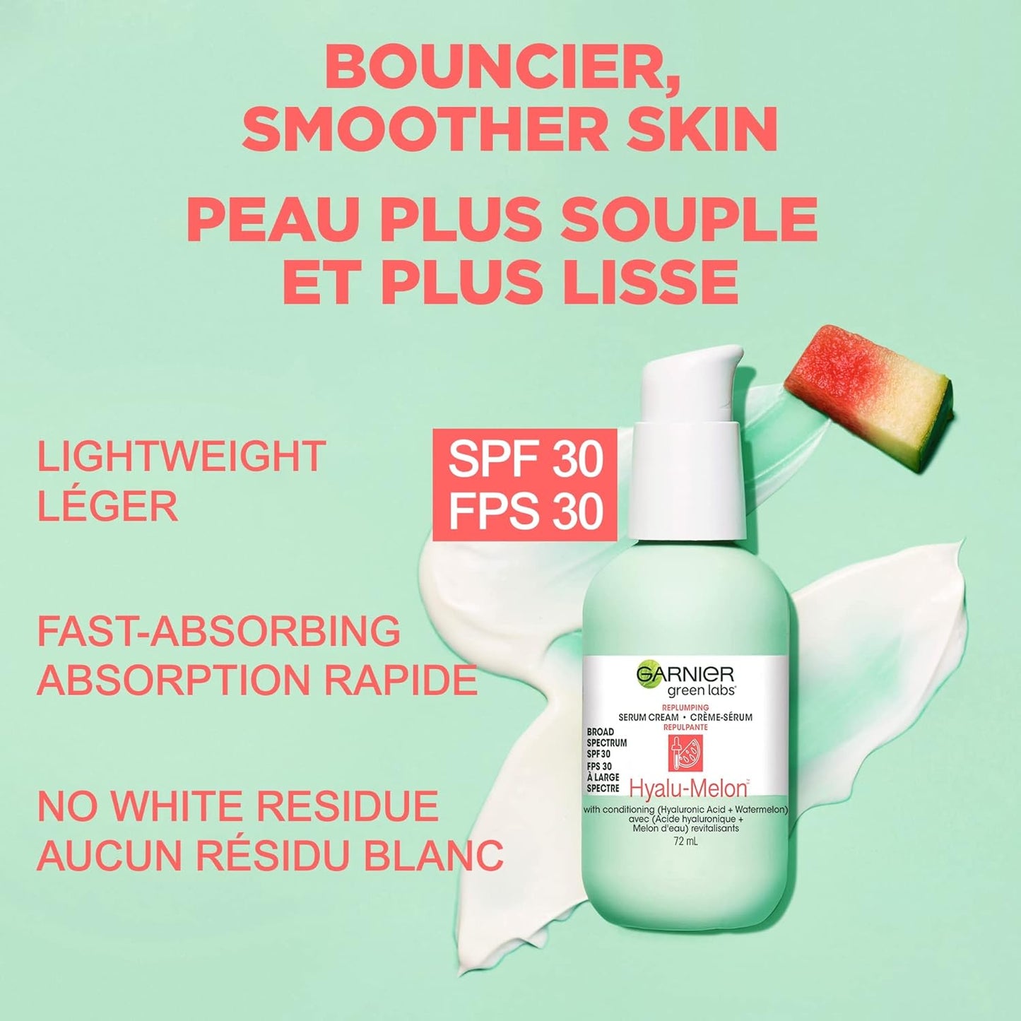 Garnier Green Labs Hyalu-Melon 3-in-1 Replumping Serum Cream - Hydrating with SPF 30, 2.4 Fl Oz