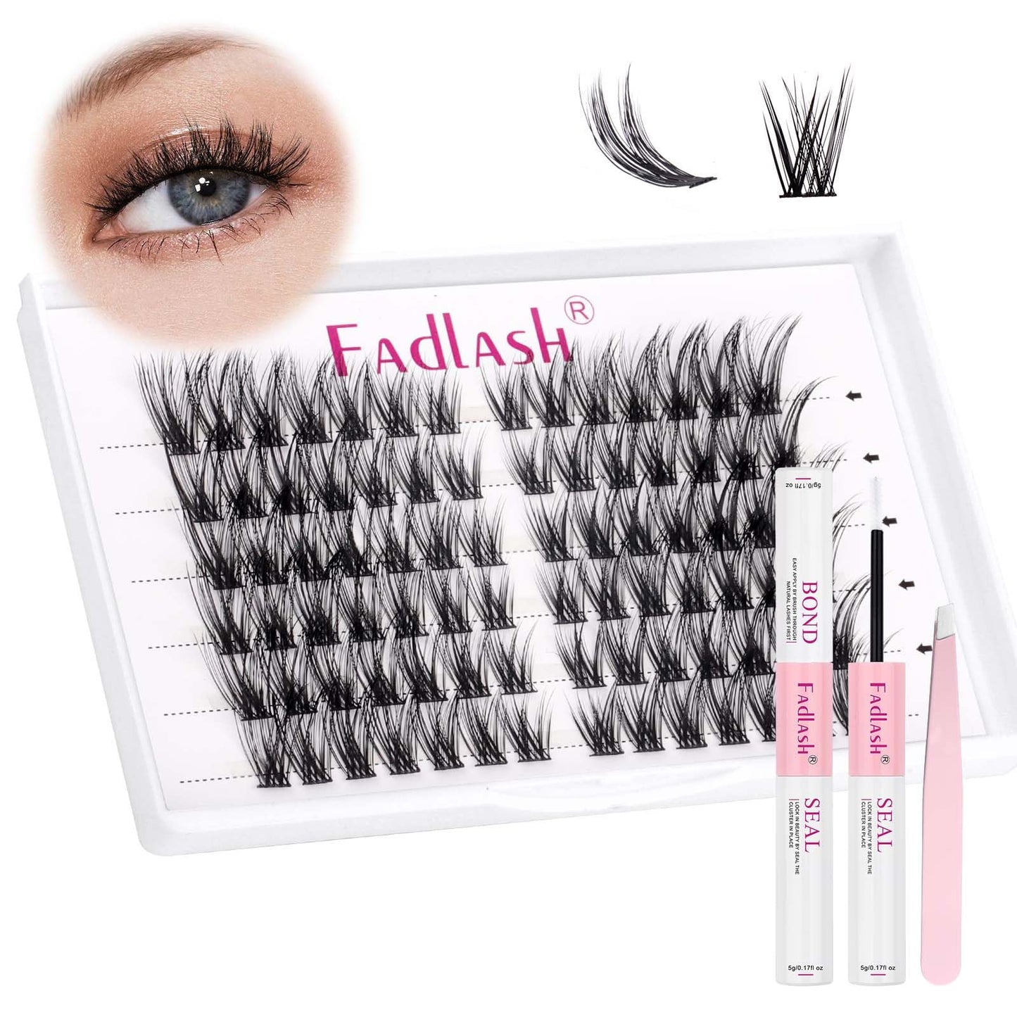 FADLASH Cat Eye DIY Lash Extension Kit Lash Clusters Kit Individual Lashes with Lash Bond and Seal Lash Tweezers Cluster Eyelash Extensions Kit Eyelash Clusters Wispy Cluster Lashes Natural (KIT T02)