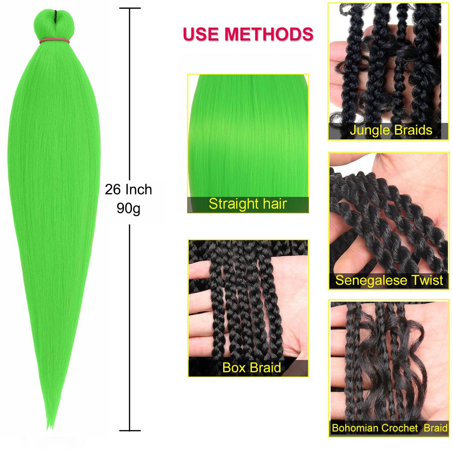 Leeven Green Braiding Hair Pre Stretched 2 Packs Kanekalon Braiding Hair Extension 26 Inch Colored Synthetic Fake Hair for Braiding (Youth Green)