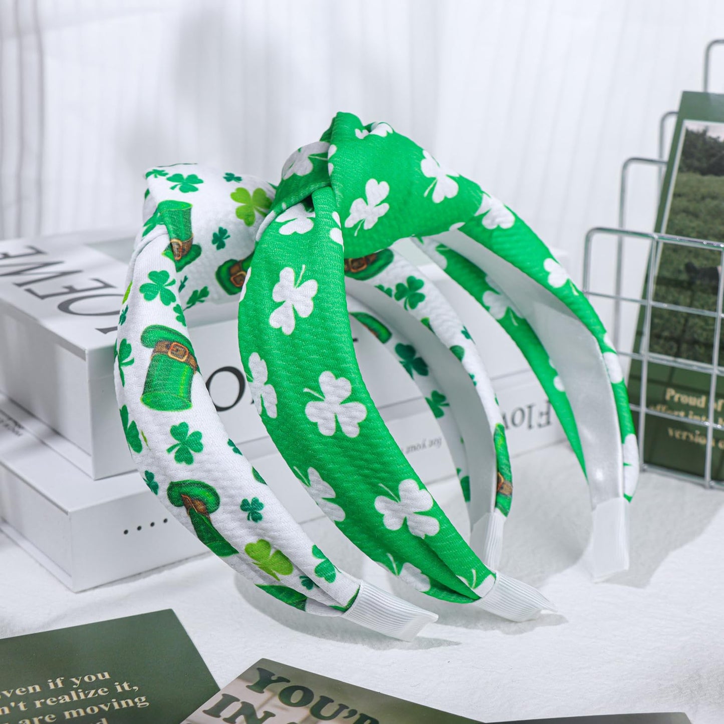 YanJie St.Patrick's Day Headband for Women Green Shamrock Knotted Heaband Clover Green Irish Top Hat Headbands Leaves Hairband Bowknot Hair Hoop Party Hair Accessories