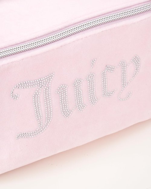 Juicy Couture Pink Makeup Bag - Velour Cosmetics Organizer with Rhinestone Handle for Travel Essentials