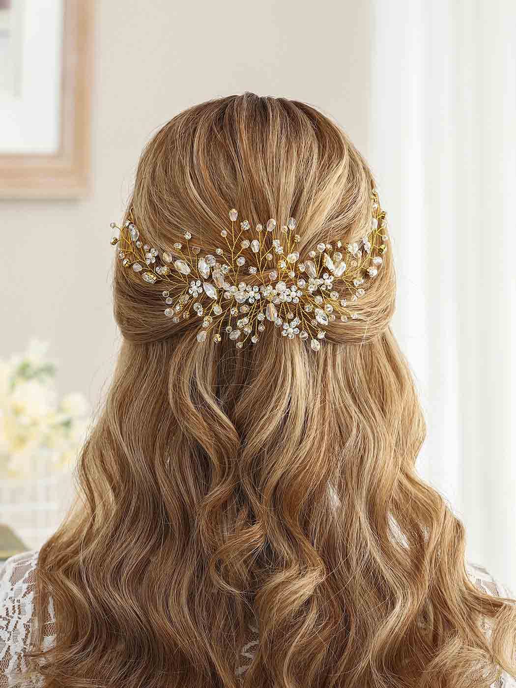 Unicra Bride Flower Wedding Hair Vine Crystal Bridal Hair Piece Rhinestone Party Hair Accessories Leaf Hair Jewelry Bead Headpiece for Women and Girls (Gold)