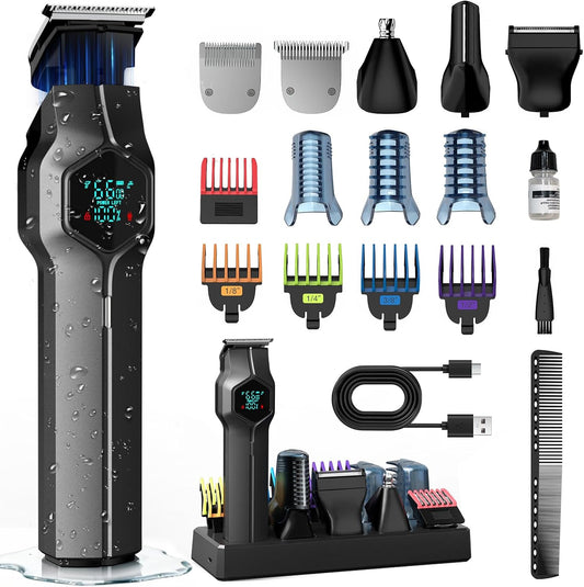 Skiennix Beard Trimmer - IPX7 Waterproof Cordless Hair Clippers with Magnetic Snap-On Heads | Gray