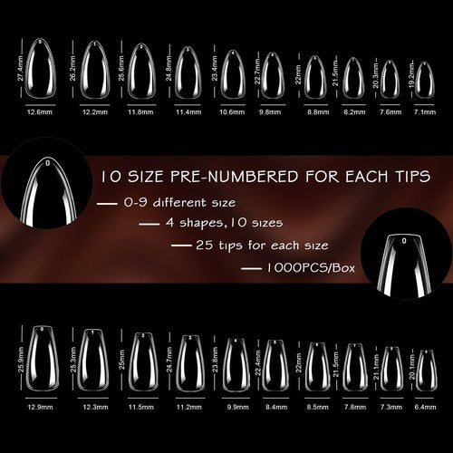 ELLEWIN 1000PCS Nail Tips Clear False Nails Full Cover for Acrylic Nails Kit 10 Sizes 4 Shapes Long Almond Square Coffin Oval Pre-Shape for Salon Home DIY Gifts