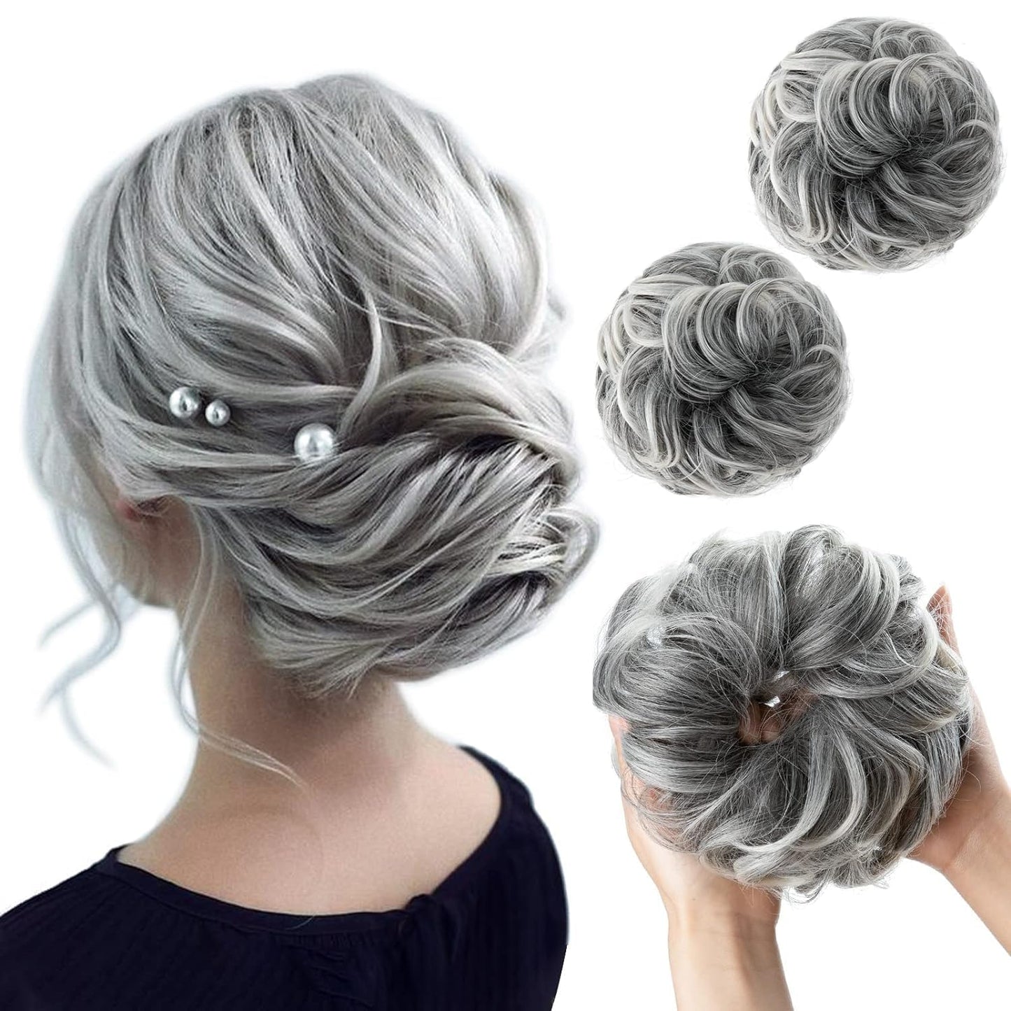 SARLA 2PCS Messy Hair Bun Hair Pieces Wavy Curly Synthetic Updo Fake Scrunchies Ponytail Extension for Women Salt and Pepper