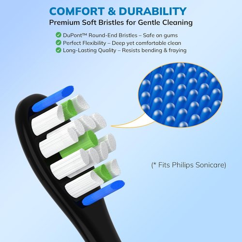 Philips Sonicare Replacement Toothbrush Heads - 8 Pack of Soft Gentle Bristles for Click-On Electric Toothbrushes (Black)