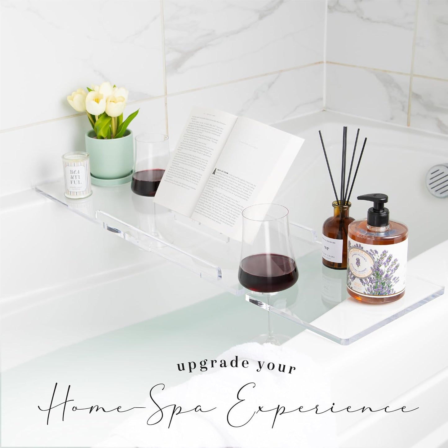 Supreme Plus Luxury Bathtub Tray Caddy - 3/8" Thick Clear Acrylic with iPad & Wine Glass Holders