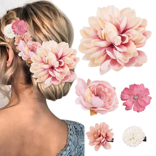 TUCEWP Hair Clip for Women, 5Pcs Pink Flowers for Hair - Tropical Flower Hairpin, Hibiscus Hair Clip, Large Rose Hair Barrettes, Chiffon Flower Hair Accessories for Beach Party, Bridal Wedding Decor