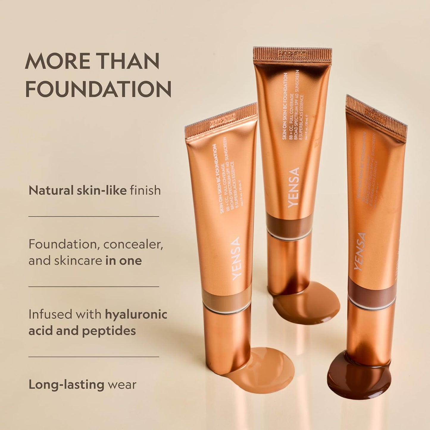YENSA Skin on Skin BC Foundation Makeup - Full Coverage CC & BB Cream with SPF 40 - Deep Warm (1 oz)