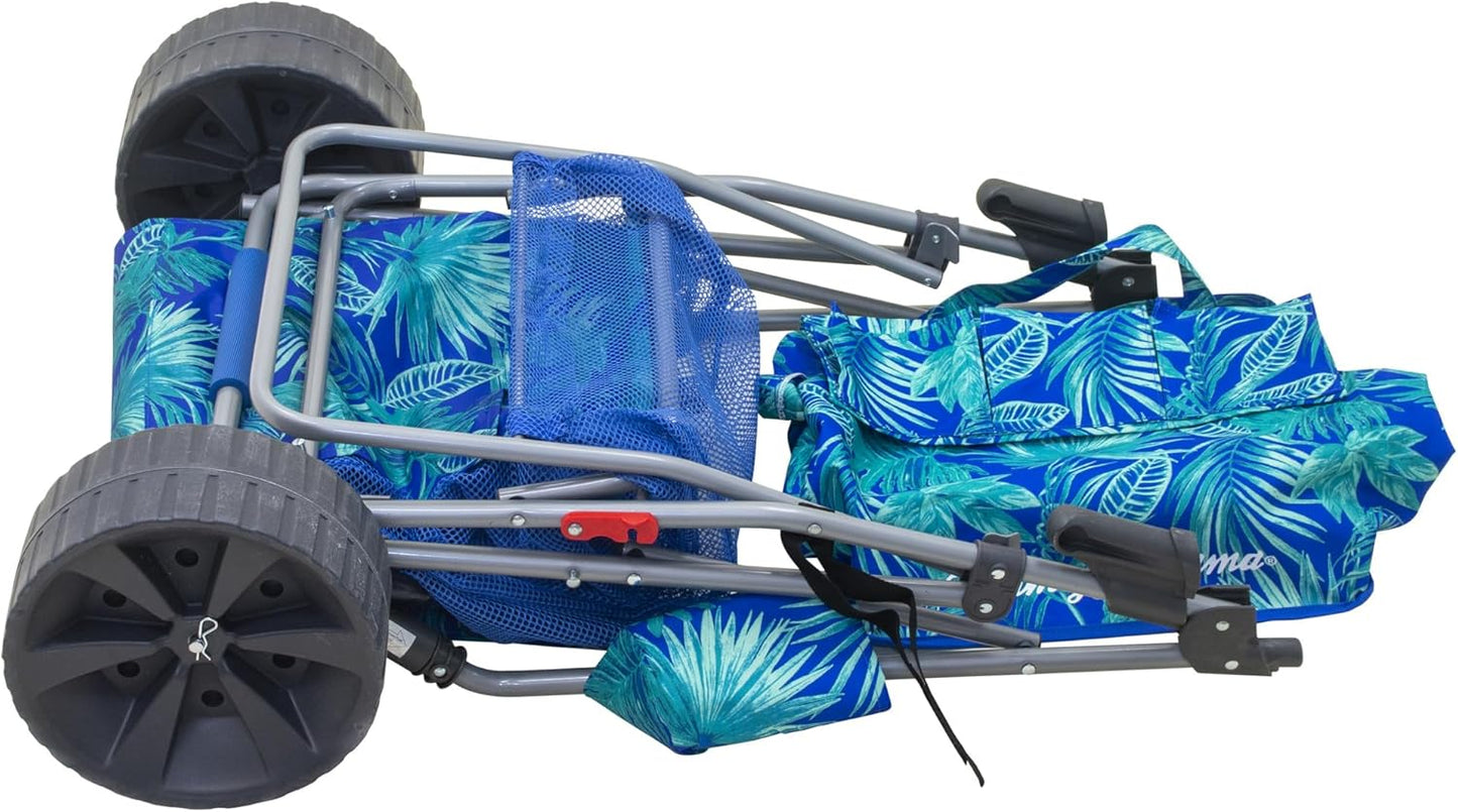 Tommy Bahama Beach Cart - Deluxe Folding Caddy for Towels & Accessories | Holds 48-Quart Cooler & 4 Chairs, Blue