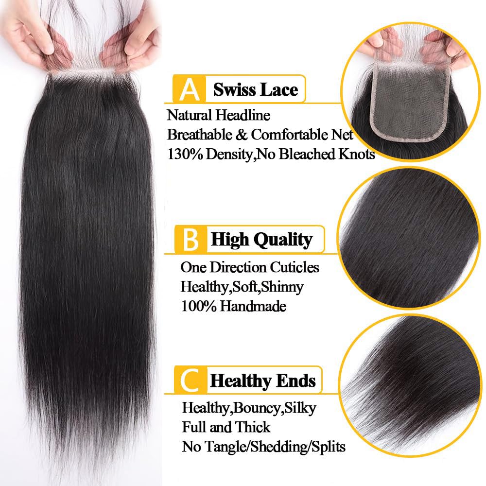 QTHAIR 14A Brazilian Virgin Hair Straight Human Hair with Closure (12 14 16+10Closure) 100% Unprocessed Straight Brazilian Virgin Hair Weave Natural Color Brazilian Straight Hair Bundles