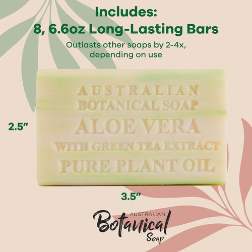 Australian Botanical Soap, 6.6 OZ, Aloe Vera and Green Tea Extract, Triple Milled Bars made with a Natural Soap Base and Enriched with Organic Shea Butter, Pack of 8