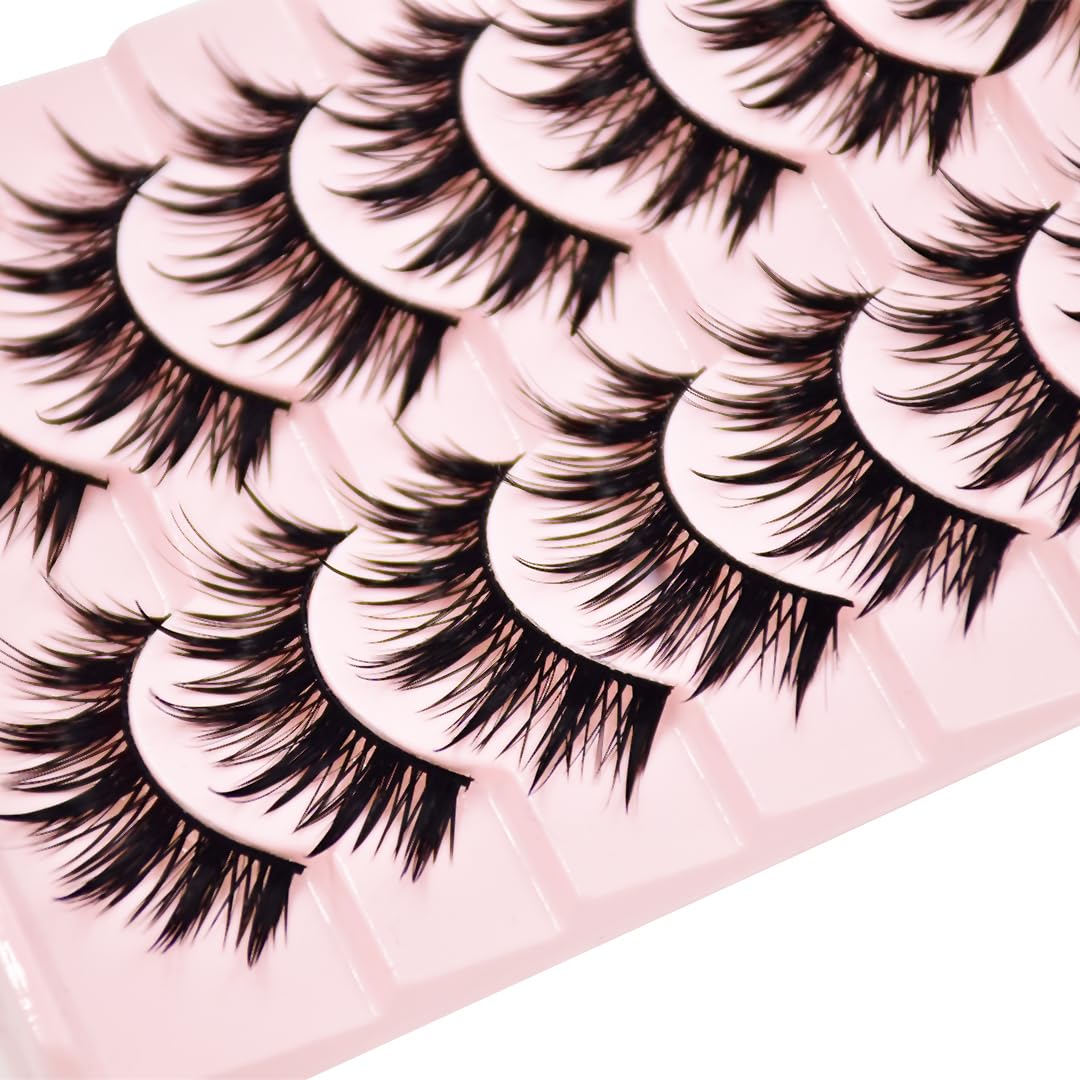 AUGENLI 10Pairs Wet Look Manga Lashes Cat Eye Lashes Extensions 16mm Cute Look Lashes, Japanese Manhua Styles Faux Mink Eyelashes for Everyday Wear or Costume Parties (H01)