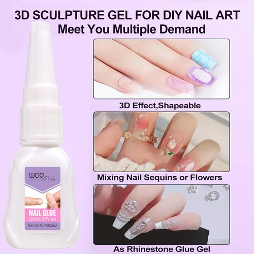 Woobena Nail Glue for Press on Nails,Quick Dry No Need UV, Super Strong Long-Lasting Gentle on Nails, Ideal for DIY & Salon Use Nail Art (15g/0.5 oz)