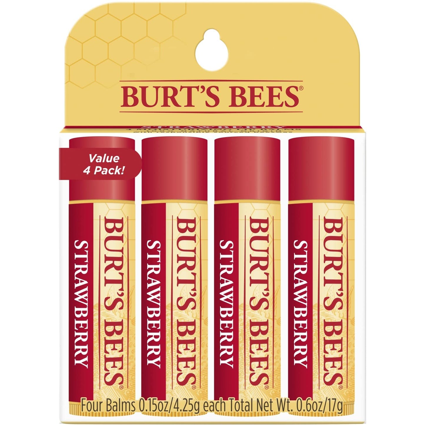 Burt's Bees 100% Natural Strawberry Lip Balm - Moisturizing Beeswax Formula | 4 Tubes