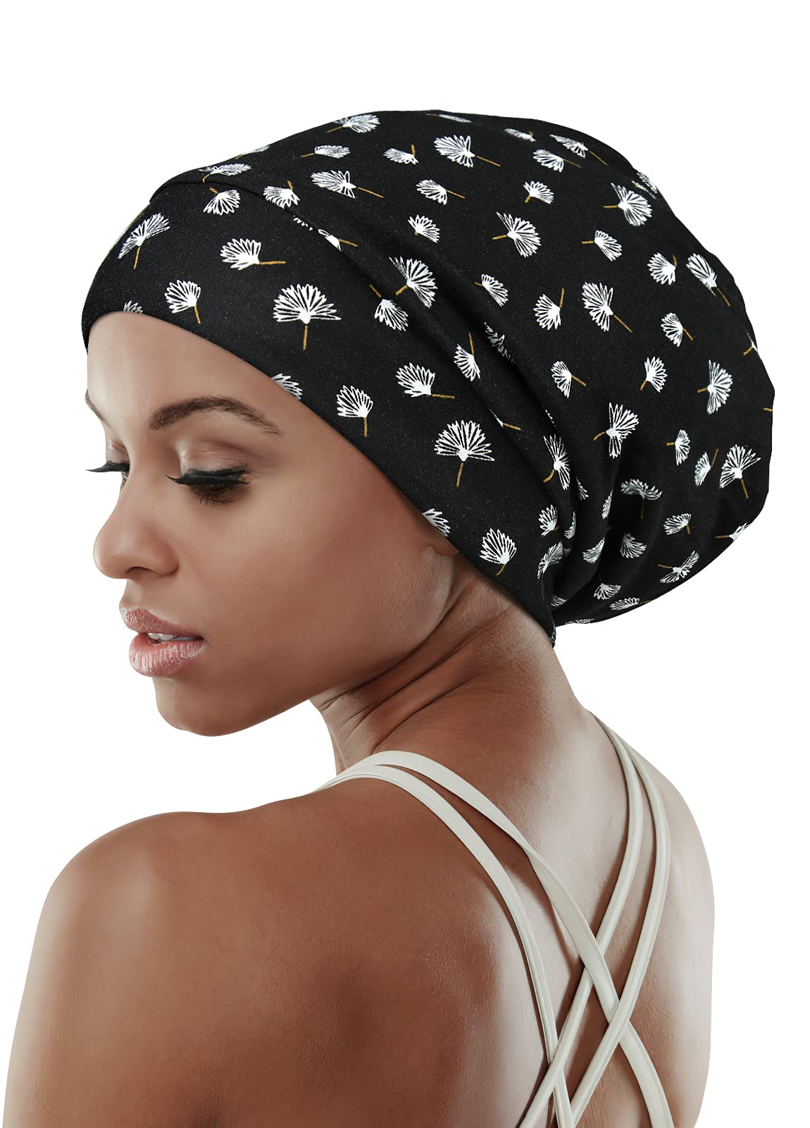 Satin Lined Sleep Cap for Long Hair Women Casual Slouchy Beanie Wig Headwear Black Brown