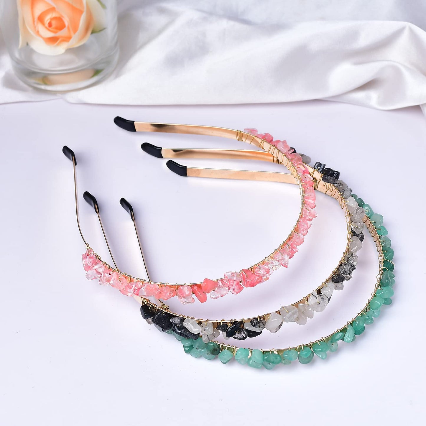 FZBHRO Raw Crystal Quartz Headband Genuine Crystal Stone Hair Accessories Jeweled Tiara for Women Girls 3pcs