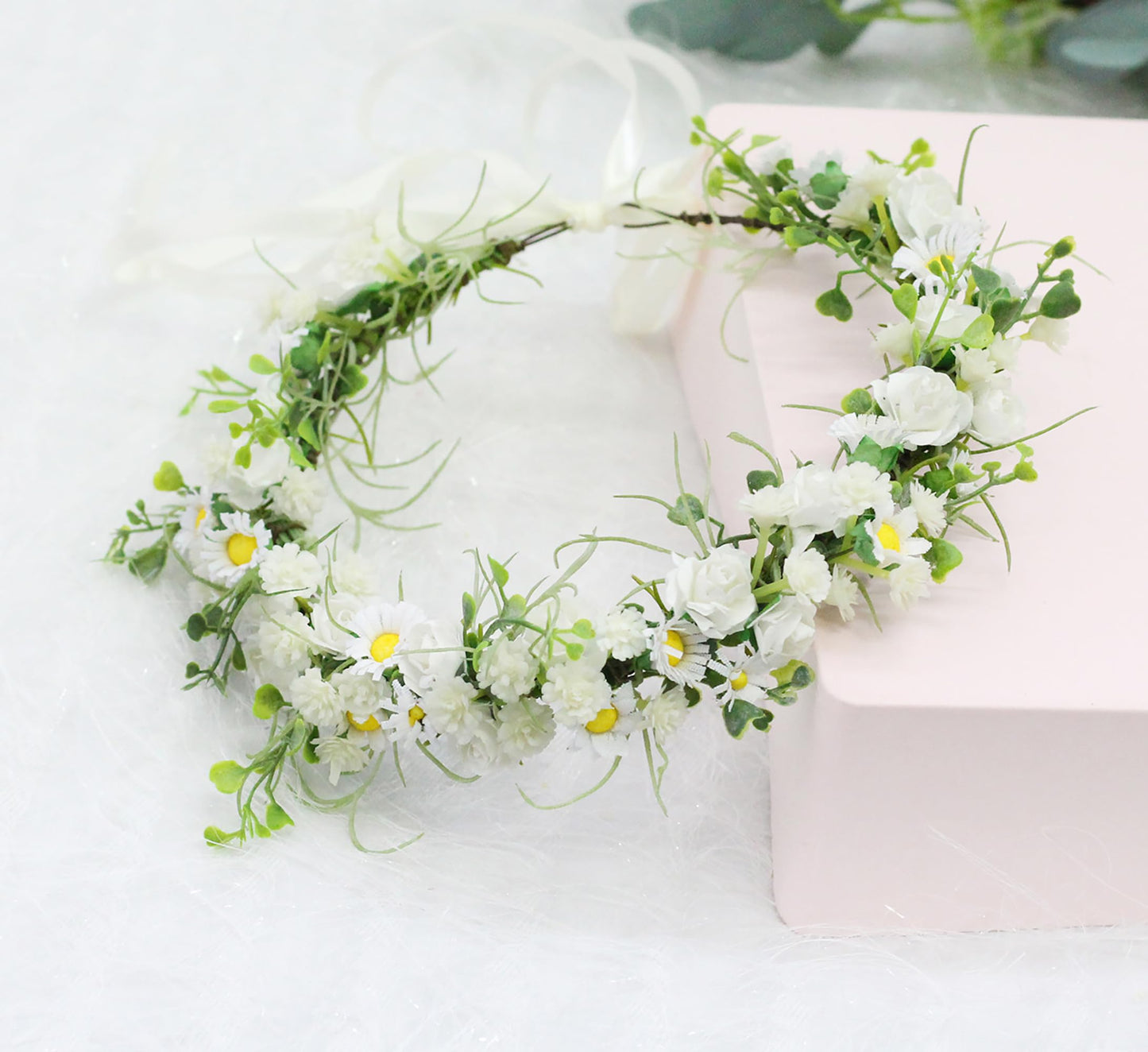 LLinfflr Women Floral Crown Rose Floral Headband Hair Wreath Flower Headpiece Halo Boho Party Prom Wedding Photos White