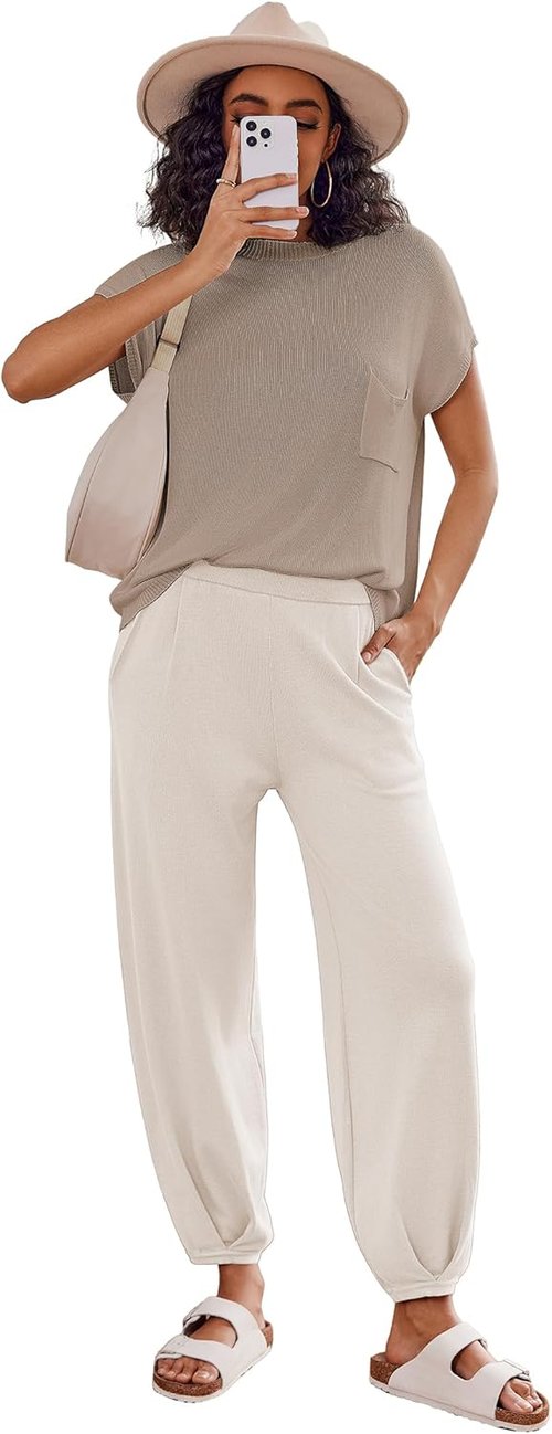Ekouaer Two-Piece Lounge Set - Cozy Knit Sweater Top & Jogger Pants | Perfect for Relaxation
