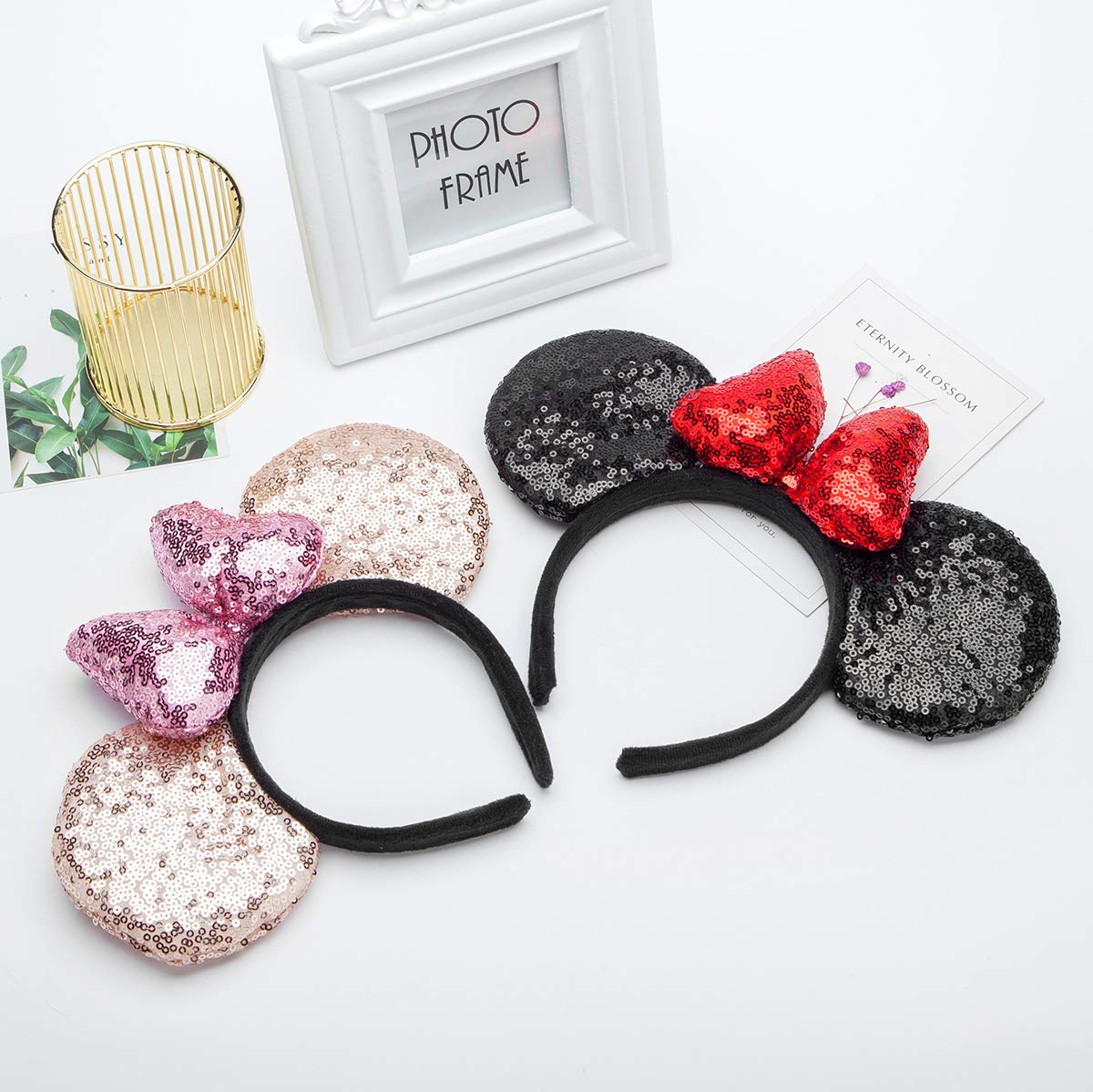 Seamoy Mouse Ears headband,2pcs Sequin Halloween Minnie Ears Headband Glitter Hairband for Princess Party Cosplay Costume Headwear Minnie&Mickey Themed Party Decorations (Red&Gold 3D)