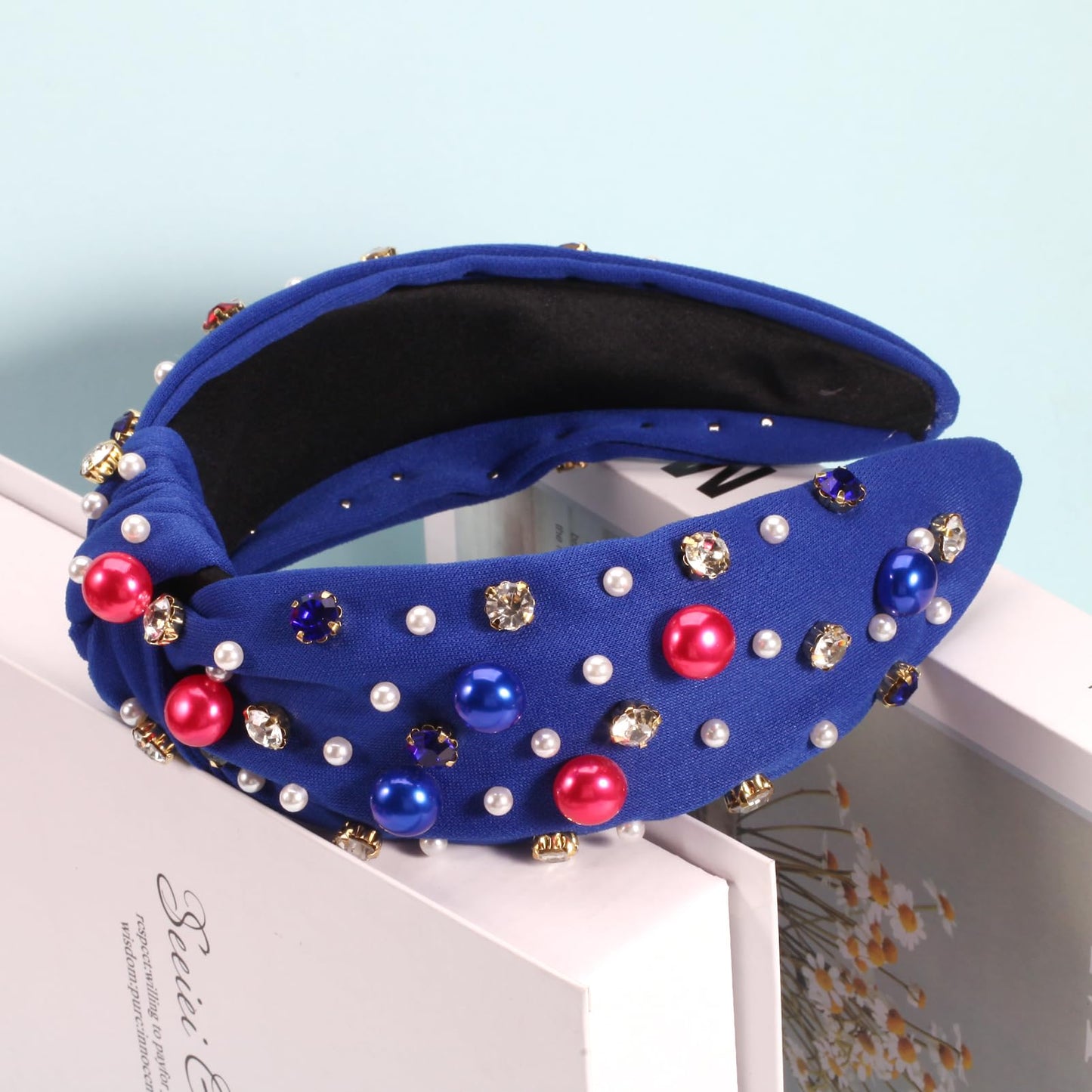 Ardorchid 4th of July Headbands for Women Girls Red White and Blue Pearl Knottted Headband Fourth of July Patriotic Wide Headband Rhinestone Hair Accessories Hair Hoop Party Favor Gifts