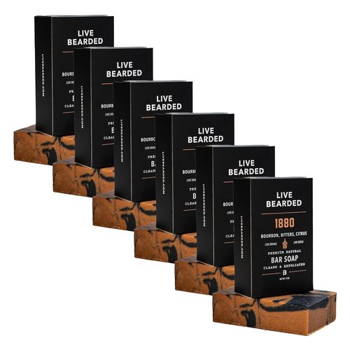 Live Bearded All-Natural Bar Soap for Men - Exfoliating & Moisturizing 6-Pack | 5 oz - Charcoal, Pumice, Shea Butter | 1880 Bourbon Scent