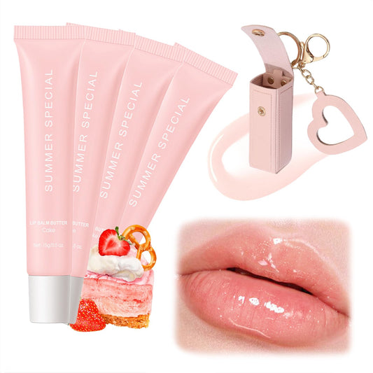 Summer Special Lip Balm Birthday Cake 4pack Set, Lip Butter Balm Shea Butter for Hydration & Shine, Plumping Butter Lip Gloss Clear for Women, Mini Long Lasting Lipstick (#4Cake)