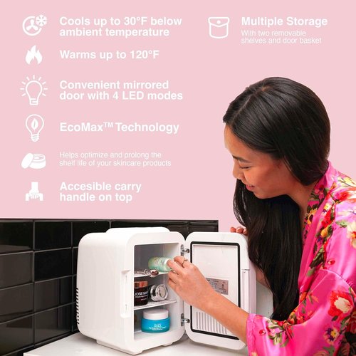Cooluli Glow Mini Skincare Fridge - 4L with Mirror & LED Light for Beauty, Makeup & Food - White