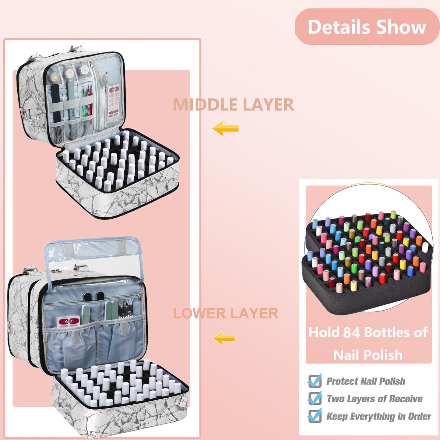 FCQQYWZ Large Nail Polish Organizer Case Hold 84+ Bottles Nail Polish & Nail Lamp, 3 Layers Nail Organizers and Storage for Nail Tech with Divider, Travel Carrying Case for Nail Polish Kit Set(White)