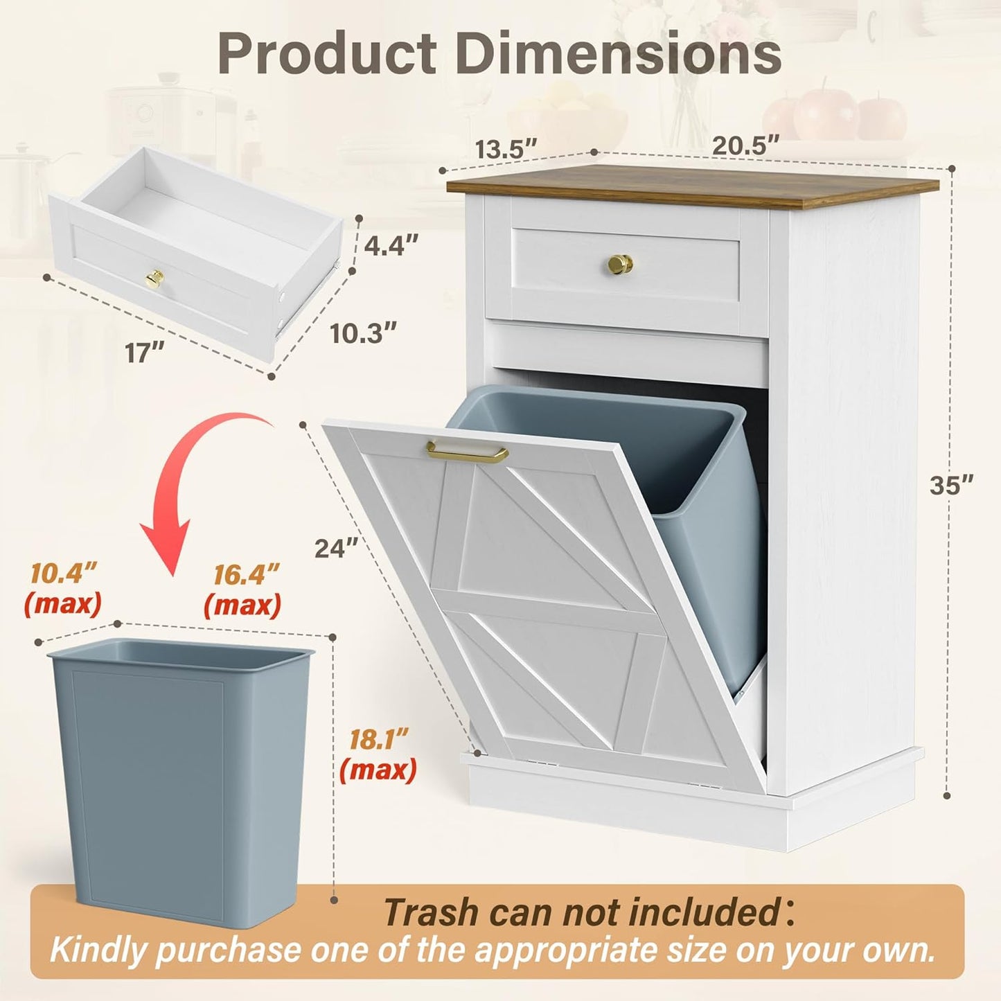 YESHOMY Tilt-Out Trash Cabinet - 10 Gallon Hidden Wooden Bin for Kitchen & Dining Room - White Finish