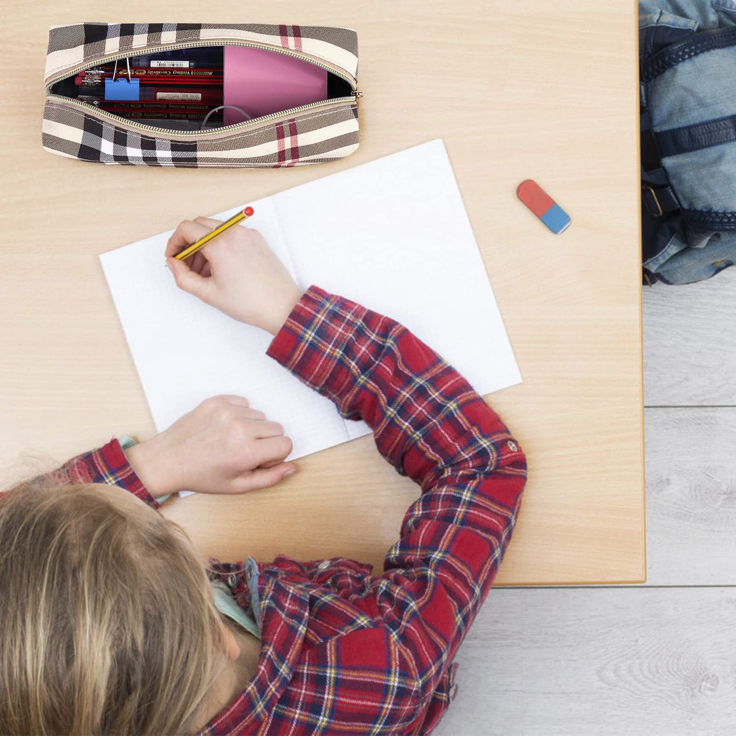 MAANGE Small Makeup Bag for Purse, 2 PCS Cosmetic Bag for Women Travel Makeup Pouch Leather Make up Bag Portable Zipper Pouch Brushes Bag - khaki plaid