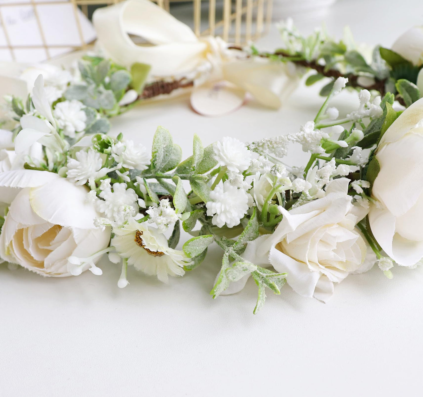 LLinfflr Wedding Floral Crown Flower Garland Headband Hair Wreath Floral Headpiece Halo Boho with Ribbon Party Prom Photos White