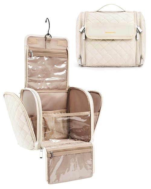 BAGSMART Toiletry Bag Travel Makeup Bag with Hanging Hook, Cosmetic Bag Make Organizer Case, Large Capacity Water-resistant Organizer for Toiletries Accessories Brushes Sponge, Beige